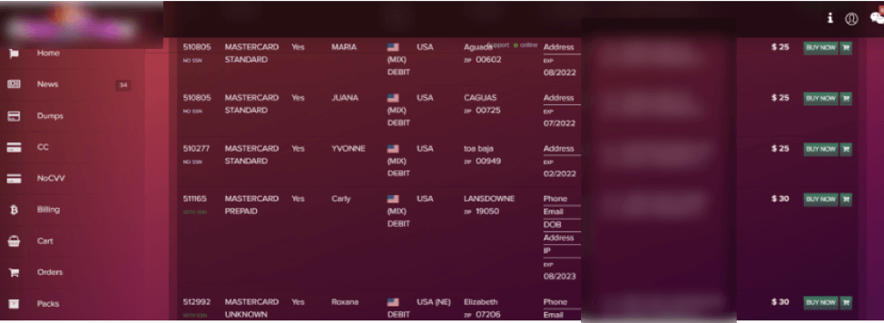 Underground marketplace selling compromised payment card data